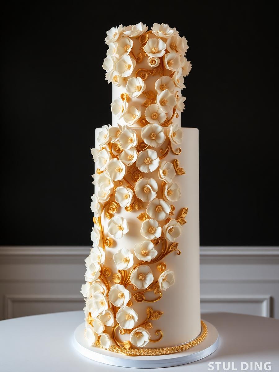 White and gold cascading floral cake