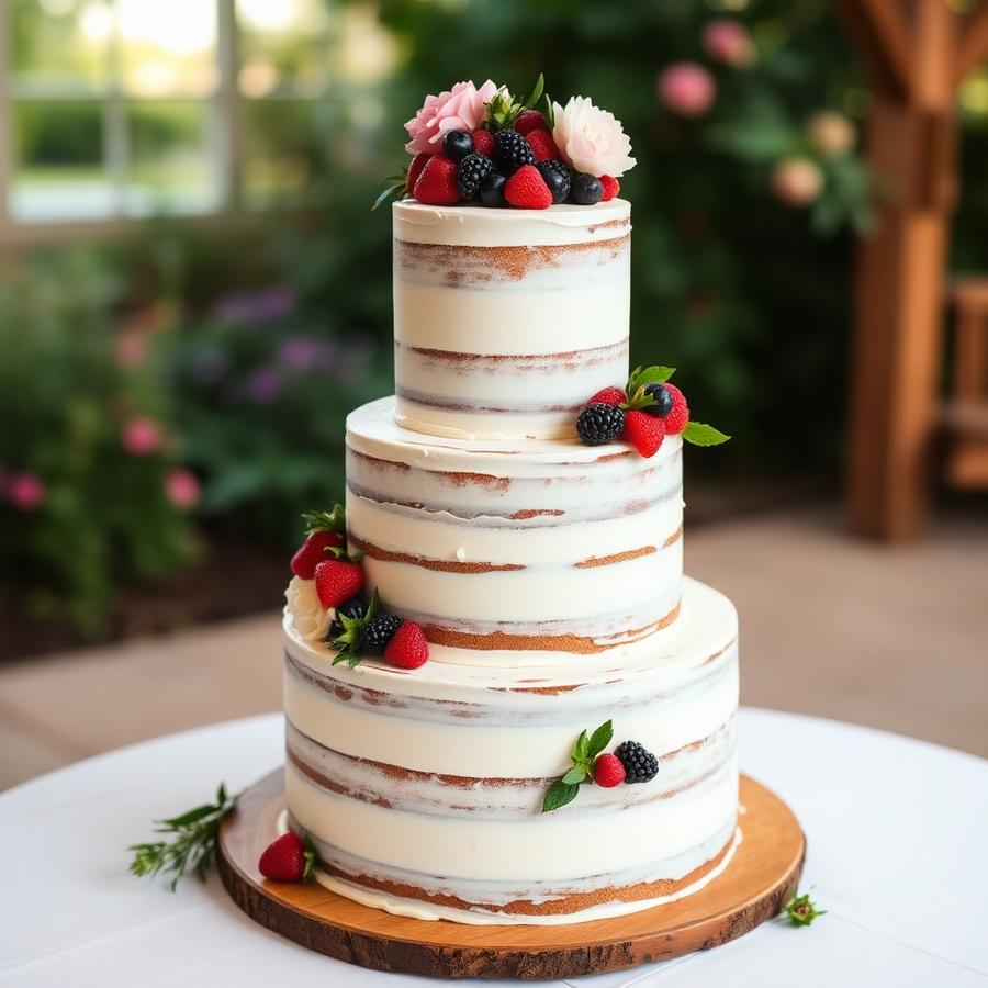Rustic semi-naked berry wedding cake