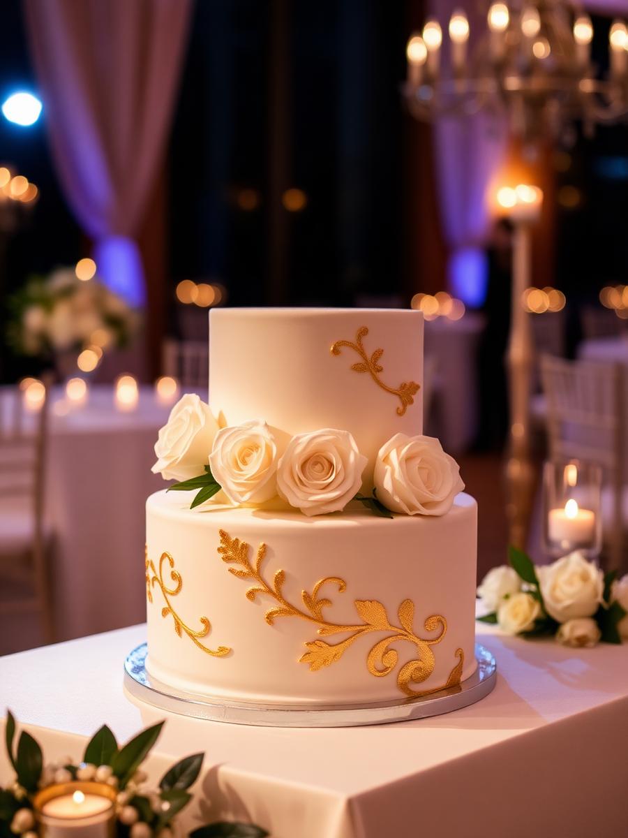 Elegant white wedding cake with gold detail